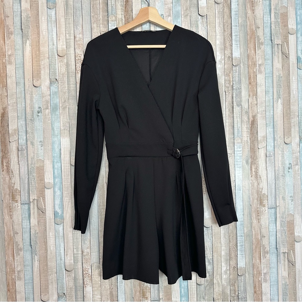 Zara S Black Crepe Wrap V Neck Romper Shorts One Piece Career Long Sleeve Belted